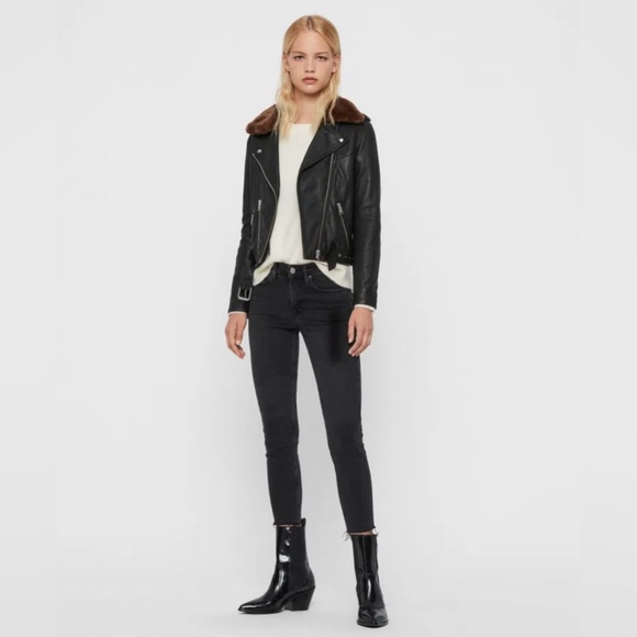 ALLSAINTS Rigby Lux Leather Biker Jacket w/ detachable faux fur collar, size 2 - Picture 6 of 11